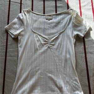 Sezane Cream Ribbed Short Sleeve Top